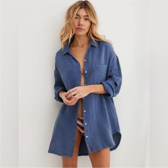 aerie Tops - NEW! Aerie Gauzy Cover Up Shirt Blue Button Up Oversized Frayed Size XS